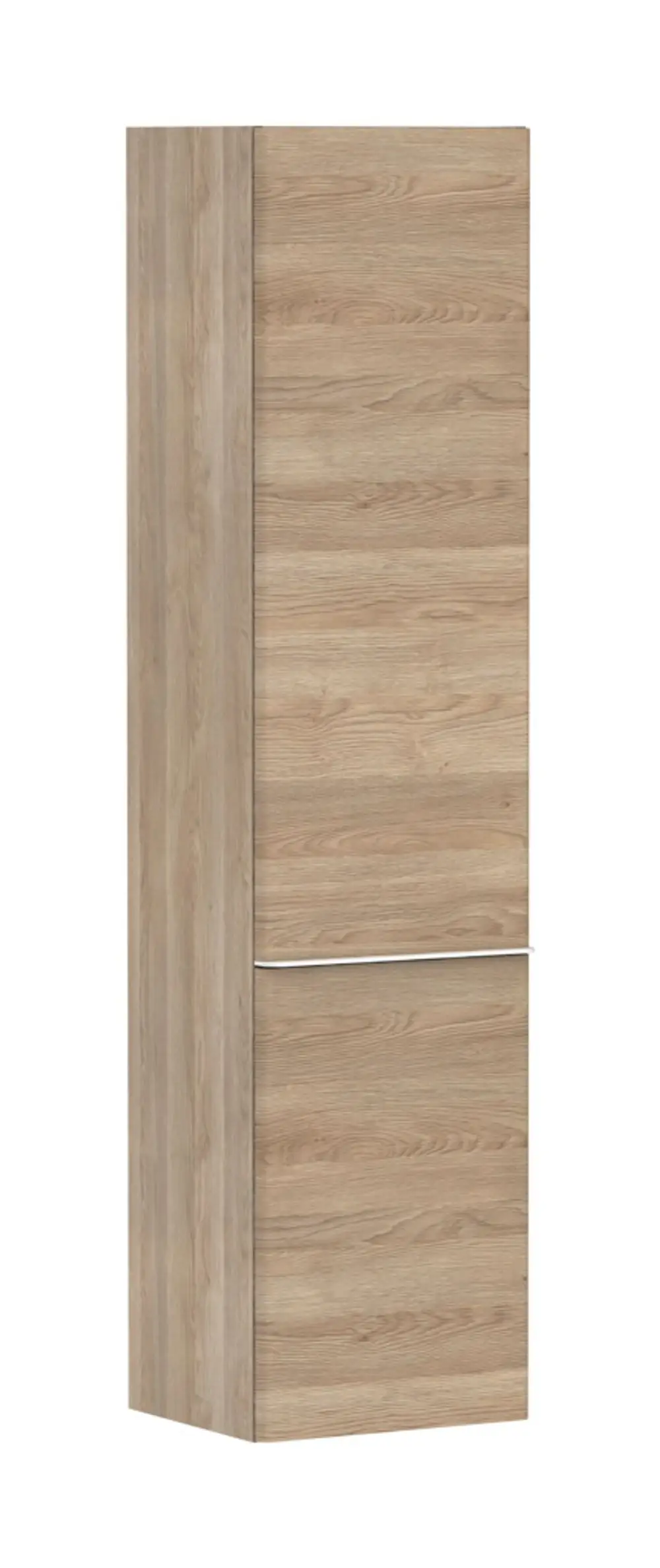 Hansgrohe Hochschrank in Eiche-Natur-Dekor, schmale, vertikale Bauweise mit zwei Türen. Türanschlag auf der linken Seite.